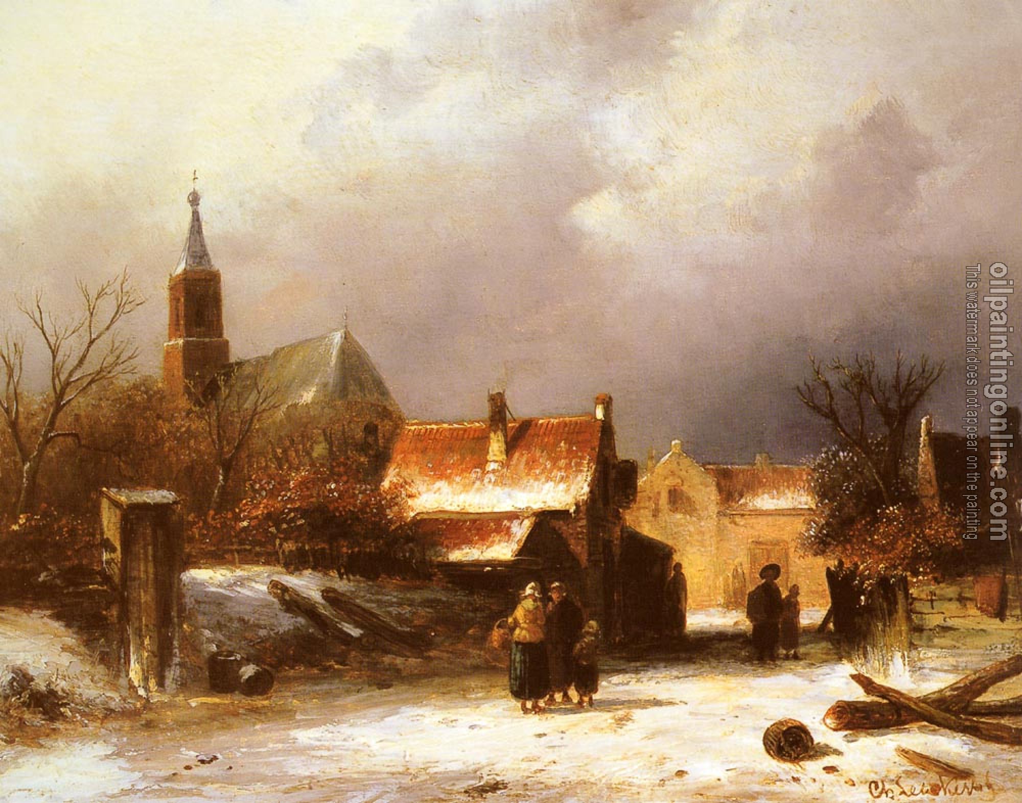 Leickert, Charles Henri Joseph - Figures on a snow covered Path with a Dutch Town beyond